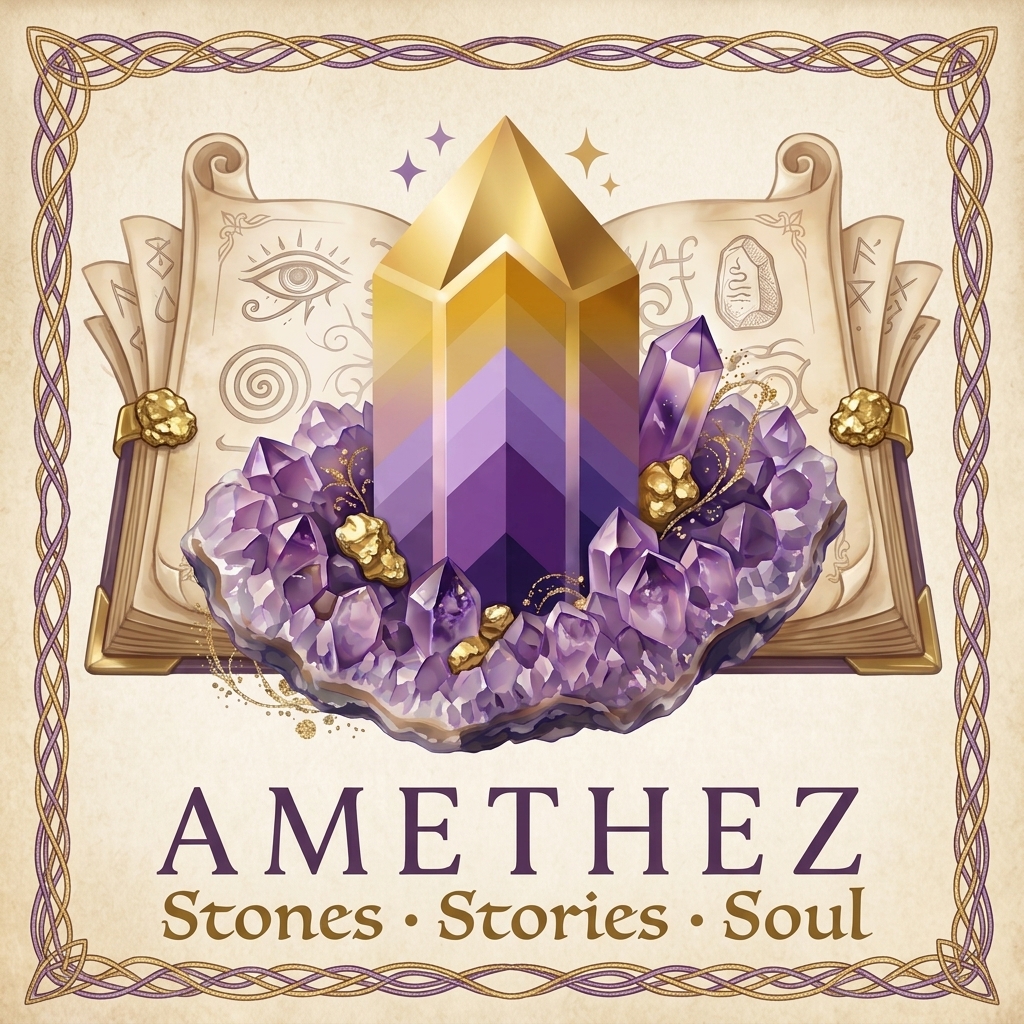 Amethez — Stones · Stories · Soul ตราสัญลักษณ์ผลึกอเมทิสต์บนสมุดความรู้โบราณ
