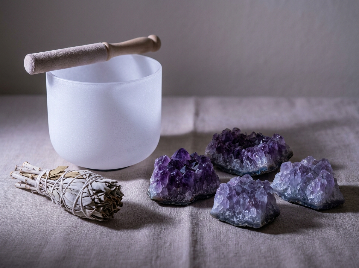 ชาร์จพลังอเมทิสต์ด้วยใบเสจและ singing bowl